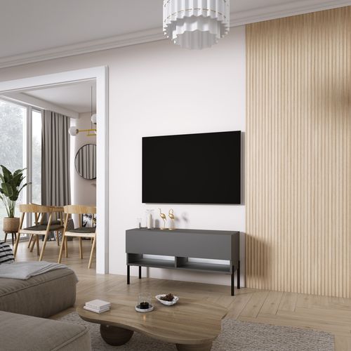 Meuble TV 100 Cm Anthracite, Pieds Droits Noirs, LED Blanche, 100 X 32 X 52 Cm