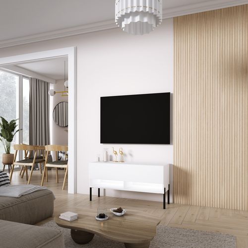 Meuble TV 100 Cm Blanc Mat, Pieds Droits Noirs, LED Blanche, 100 X 32 X 52 Cm