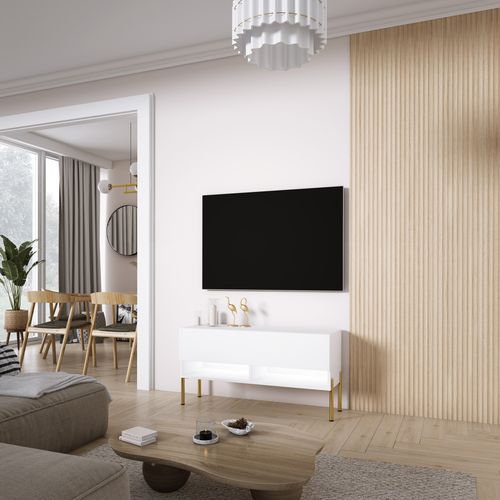 Meuble TV 100 Cm Blanc Mat, Pieds Droits Dorés, LED Blanche, 100 X 32 X 52 Cm