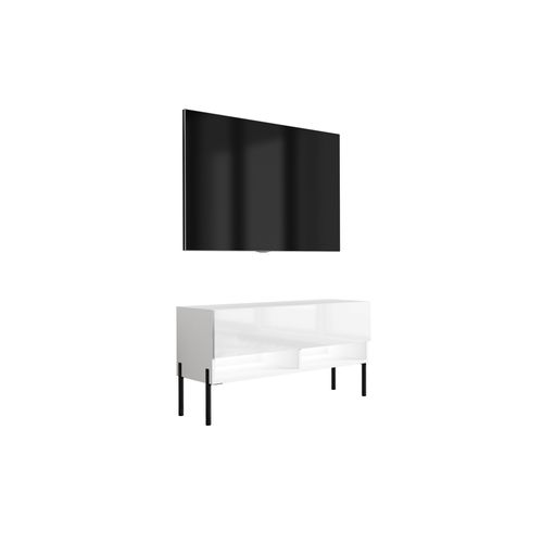 Meuble TV 100 Cm Blanc Mat / Blanc Brillant, Pieds Droits Noirs, LED Blanche, 100 X 32 X 52 Cm