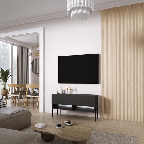 Meuble TV 100 Cm Noir Mat, Pieds Droits Noirs, LED Blanche, 100 X 32 X 52 Cm