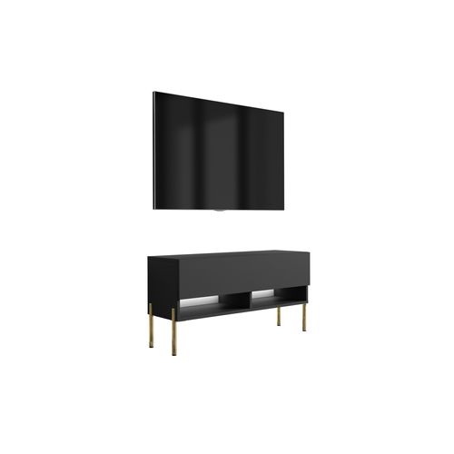 Meuble TV 100 Cm Noir Mat, Pieds Droits Dorés, LED Blanche, 100 X 32 X 52 Cm