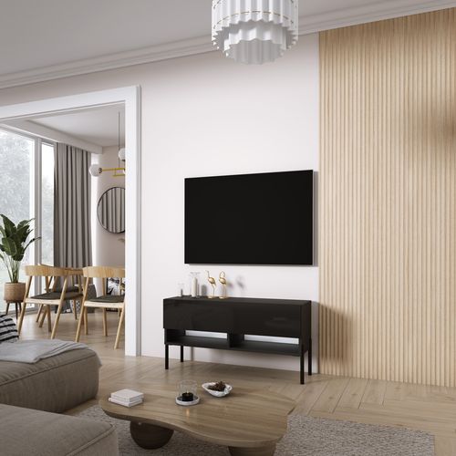 Meuble TV 100 Cm Noir Mat / Noir Brillant, Pieds Droits Noirs, LED Blanche, 100 X 32 X 52 Cm