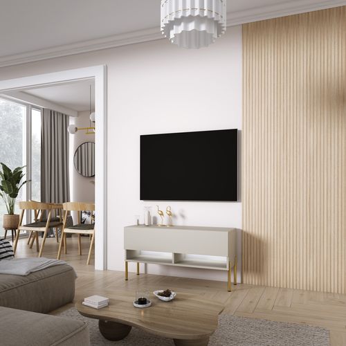 Meuble TV 100 Cm Cachemire, Pieds Droits Dorés, LED Blanche, 100 X 32 X 52 Cm