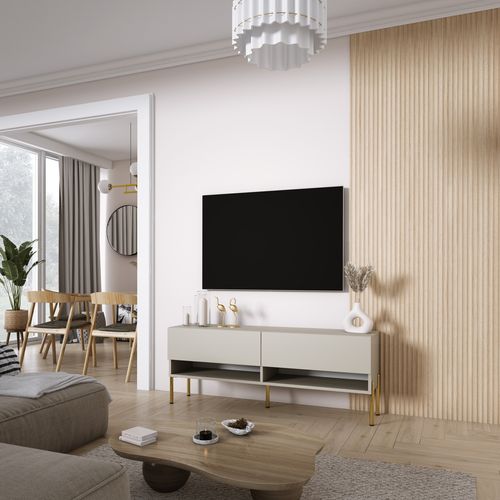 Meuble TV 140 Cm Cachemire, Pieds Droits Dorés, LED Blanche, 140 X 32 X 52 Cm
