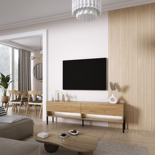 Meuble TV 170 Cm Chêne Craft, Pieds Droits Noirs, LED Blanche, 170 X 32 X 52 Cm
