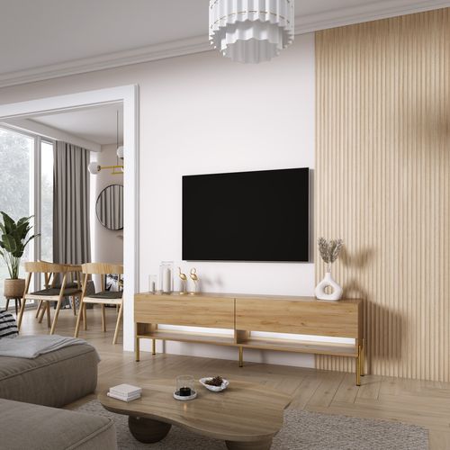 Meuble TV 170 Cm Chêne Craft, Pieds Droits Dorés, LED Blanche, 170 X 32 X 52 Cm