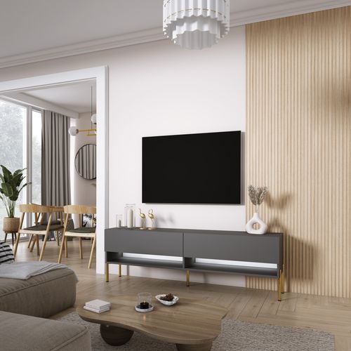 Meuble TV 170 Cm Anthracite, Pieds Droits Dorés, LED Blanche, 170 X 32 X 52 Cm