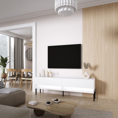 Meuble TV 170 Cm Blanc Mat, Pieds Droits Noirs, LED Blanche, 170 X 32 X 52 Cm