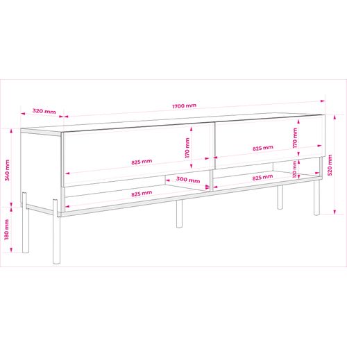 Meuble TV 170 Cm Blanc Mat / Blanc Brillant, Pieds Droits Noirs, LED Blanche, 170 X 32 X 52 Cm
