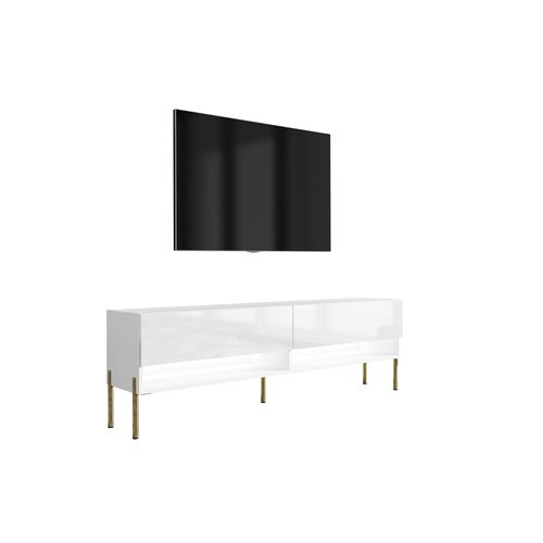 Meuble TV 170 Cm Blanc Mat / Blanc Brillant, Pieds Droits Dorés, LED Blanche, 170 X 32 X 52 Cm