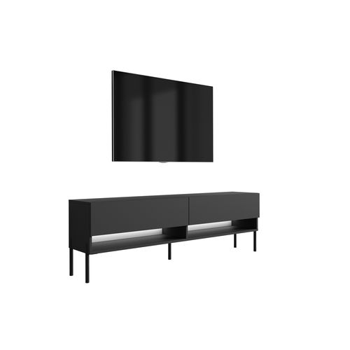 Meuble TV 170 Cm Noir Mat, Pieds Droits Noirs, LED Blanche, 170 X 32 X 52 Cm