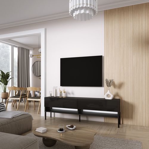 Meuble TV 170 Cm Noir Mat / Noir Brillant, Pieds Droits Noirs, LED Blanche, 170 X 32 X 52 Cm