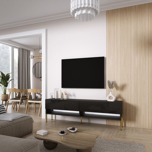 Meuble TV 170 Cm Noir Mat / Noir Brillant, Pieds Droits Dorés, LED Blanche, 170 X 32 X 52 Cm