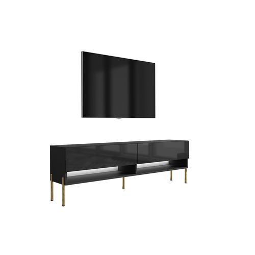 Meuble TV 170 Cm Noir Mat / Noir Brillant, Pieds Droits Dorés, LED Blanche, 170 X 32 X 52 Cm