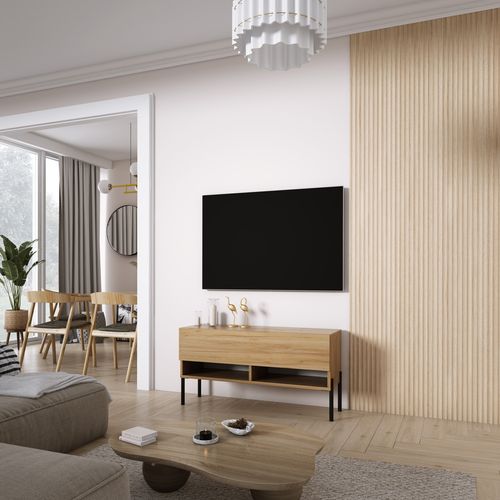 Meuble TV 100 Cm Chêne Craft, Pieds Droits Noirs, 100 X 32 X 52 Cm