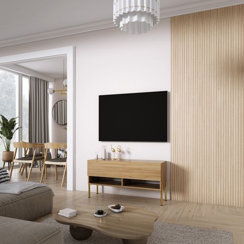 Meuble TV 100 Cm Chêne Craft, Pieds Droits Dorés, 100 X 32 X 52 Cm