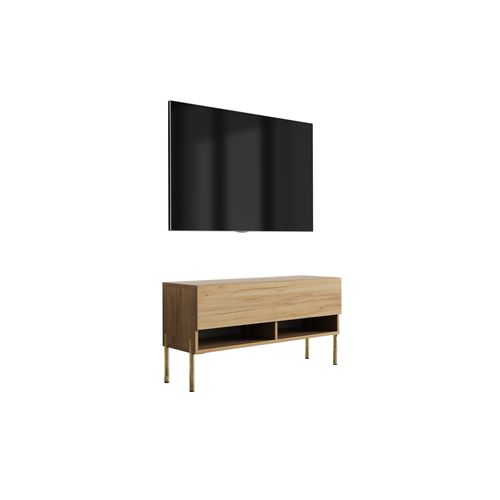 Meuble TV 100 Cm Chêne Craft, Pieds Droits Dorés, 100 X 32 X 52 Cm