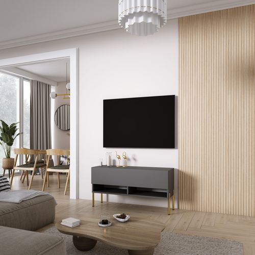 Meuble TV 100 Cm Anthracite, Pieds Droits Dorés, 100 X 32 X 52 Cm