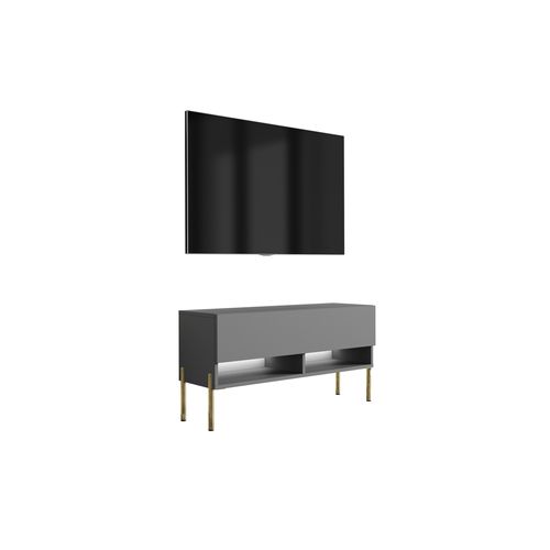 Meuble TV 100 Cm Anthracite, Pieds Droits Dorés, 100 X 32 X 52 Cm