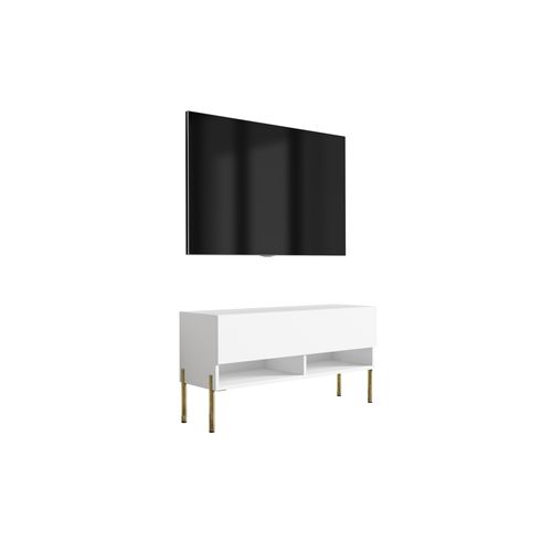 Meuble TV 100 Cm Blanc Mat, Pieds Droits Dorés, 100 X 32 X 52 Cm
