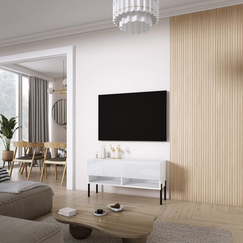 Meuble TV 100 Cm Blanc Mat / Blanc Brillant, Pieds Droits Noirs, 100 X 32 X 52 Cm