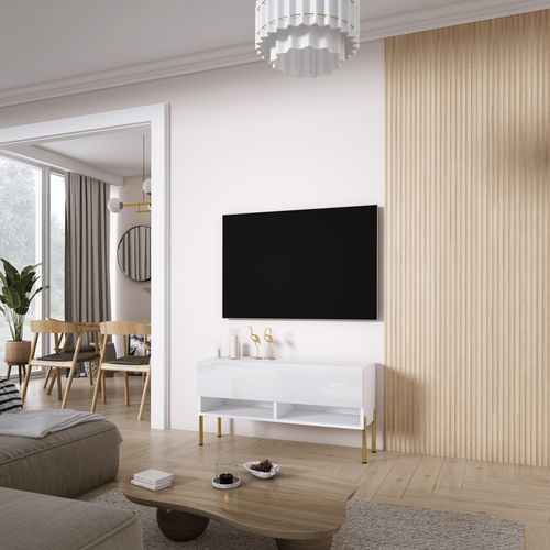 Meuble TV 100 Cm Blanc Mat / Blanc Brillant, Pieds Droits Dorés, 100 X 32 X 52 Cm