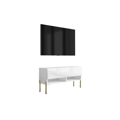 Meuble TV 100 Cm Blanc Mat / Blanc Brillant, Pieds Droits Dorés, 100 X 32 X 52 Cm
