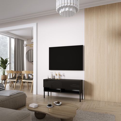 Meuble TV 100 Cm Noir Mat / Noir Brillant, Pieds Droits Noirs, 100 X 32 X 52 Cm