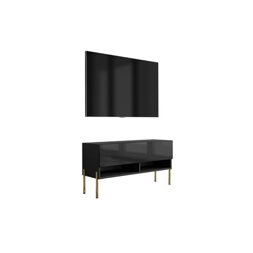 Meuble TV 100 Cm Noir Mat / Noir Brillant, Pieds Droits Dorés, 100 X 32 X 52 Cm
