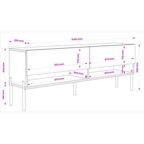 Meuble TV 140 Cm Noir Mat, Pieds Droits Noirs, 140 X 32 X 52 Cm