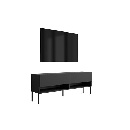 Meuble TV 140 Cm Noir Mat, Pieds Droits Noirs, 140 X 32 X 52 Cm