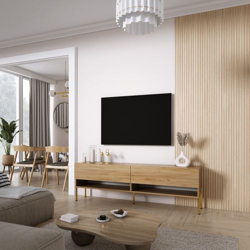 Meuble TV 170 Cm Chêne Craft, Pieds Droits Dorés, 170 X 32 X 52 Cm