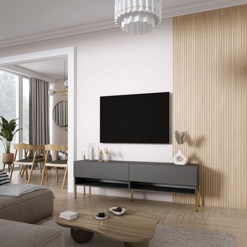 Meuble TV 170 Cm Anthracite, Pieds Droits Dorés, 170 X 32 X 52 Cm
