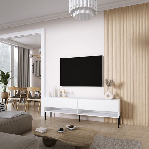 Meuble TV 170 Cm Blanc Mat, Pieds Droits Noirs, 170 X 32 X 52 Cm