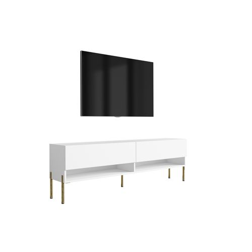Meuble TV 170 Cm Blanc Mat, Pieds Droits Dorés, 170 X 32 X 52 Cm