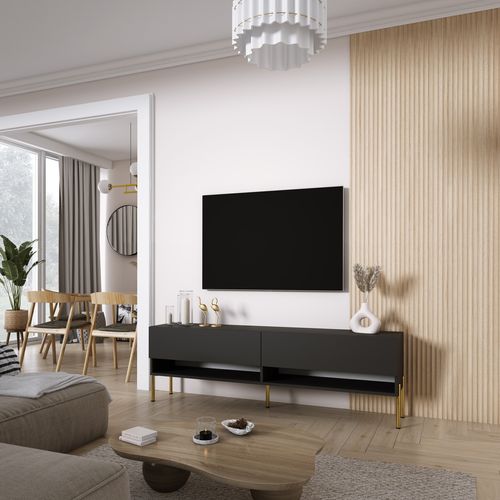 Meuble TV 170 Cm Noir Mat, Pieds Droits Dorés, 170 X 32 X 52 Cm