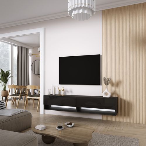 Meuble TV 170 Cm Noir Mat / Noir Brillant, LED Blanche, 170 X 32 X 34 Cm