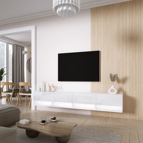 Meuble TV 200 (2 X 100) Cm Blanc Mat / Blanc Brillant, LED Blanc, 200 X 32 X 52 Cm