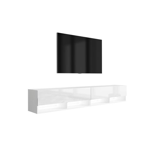 Meuble TV 200 (2 X 100) Cm Blanc Mat / Blanc Brillant, LED Blanc, 200 X 32 X 52 Cm