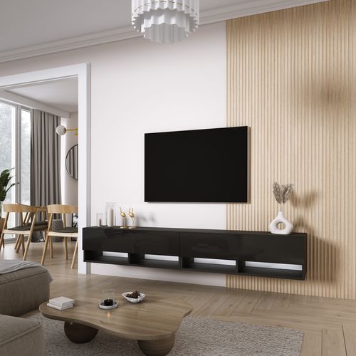 Meuble TV 200 (2 X 100) Cm Noir Mat / Noir Brillant, LED Blanche, 200 X 32 X 52 Cm