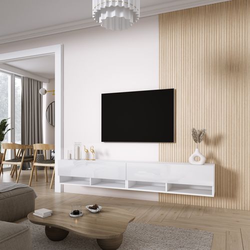 Meuble TV 200 (2 X 100) Cm Blanc Mat / Blanc Brillant, 200 X 32 X 52 Cm