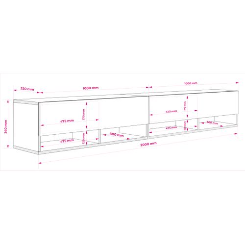 Meuble TV 200 (2 X 100) Cm Blanc Mat / Blanc Brillant, 200 X 32 X 52 Cm