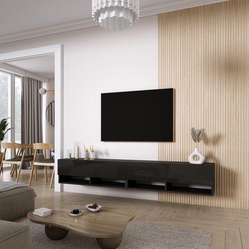 Meuble TV 200 (2 X 100) Cm Noir Mat / Noir Brillant, 200 X 32 X 52 Cm