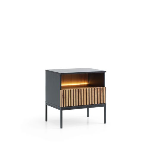 Table De Chevet Moderne Avec Façade Cannelée, 54x56x39 Cm, Noir / Chêne Wotan