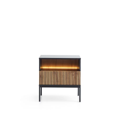 Table De Chevet Moderne Avec Façade Cannelée, 54x56x39 Cm, Noir / Chêne Wotan