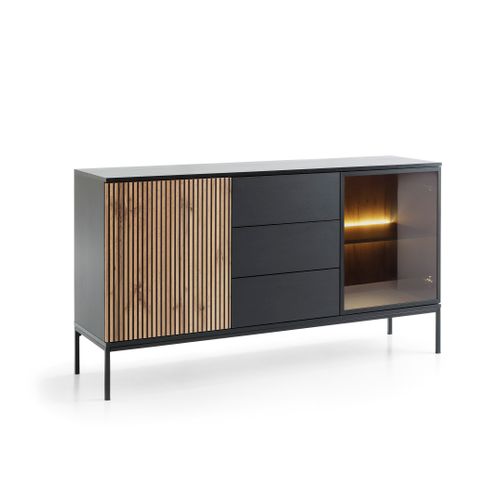 Buffet Large Moderne Et Façade Cannelée 154x83x39 Cm, Noir / Chêne Wotan