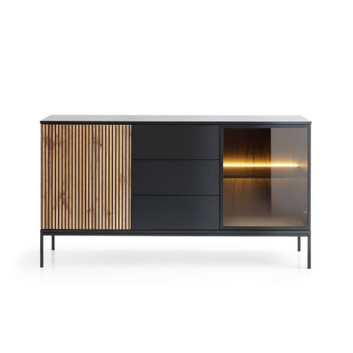 Buffet Large Moderne Et Façade Cannelée 154x83x39 Cm, Noir / Chêne Wotan
