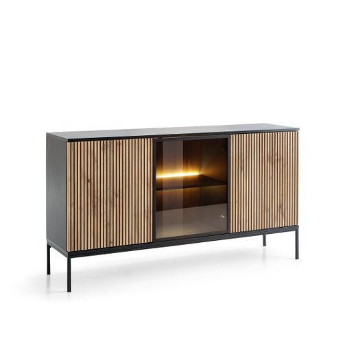 Buffet Large Moderne Avec Portes Et Façade Cannelée 154x83x39 Cm, Noir / Chêne Wotan