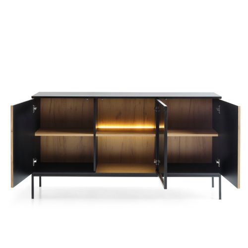 Buffet Large Moderne Avec Portes Et Façade Cannelée 154x83x39 Cm, Noir / Chêne Wotan